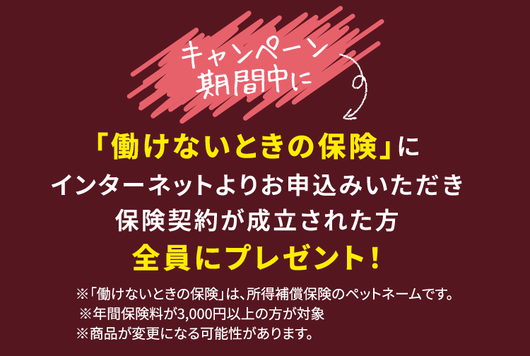 キャンペーン期間中に「働けないときの保険」にインターネットよりお申込みいただき保険契約が成立された方全員にプレゼント！